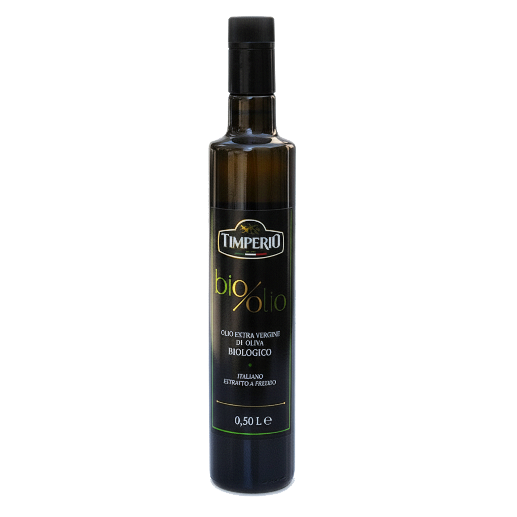 A 0.50 L bottle of Imperio Bio %100 organic extra virgin olive oil, featuring a dark amber glass bottle, black cap, and a black label with gold and green text, set against a plain white background.