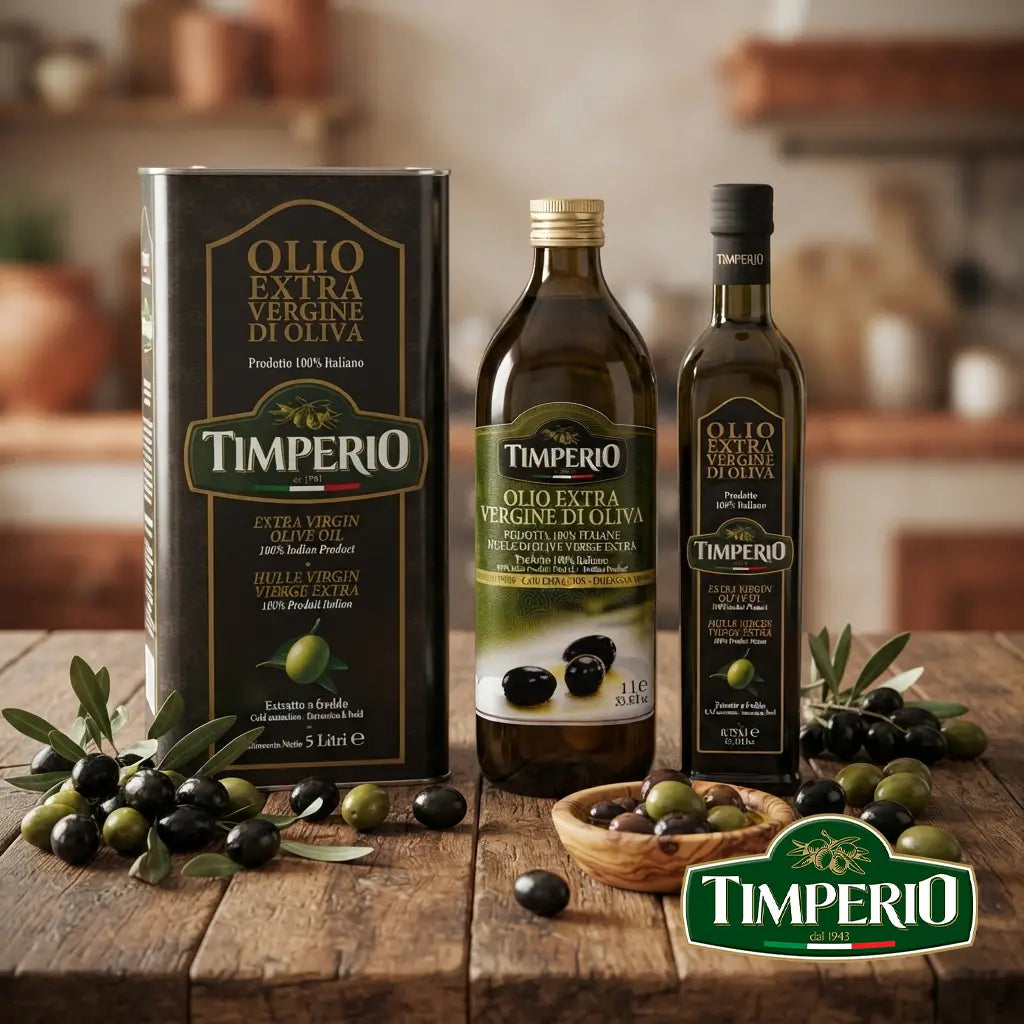 Three Timperio olive oil products arranged on a rustic wooden table with olives and a bowl: a large black canister, a medium glass bottle, and a slim dark bottle, all branded TIMPERIO. The background is a softly blurred warm indoor setting.