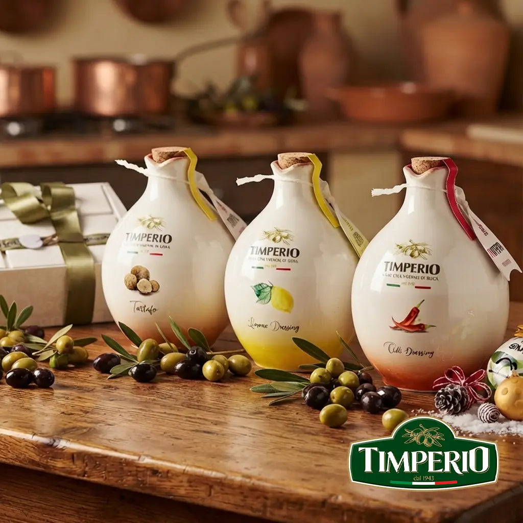 Three Timperio olive oil bottles arranged on a rustic wooden table with olives, a gift box, and warm kitchen background. The bottles are labeled Timperio , Truffle, and Chilli.