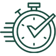 A dark green stopwatch icon with a checkmark overlay, representing speed or time, on a plain white background.